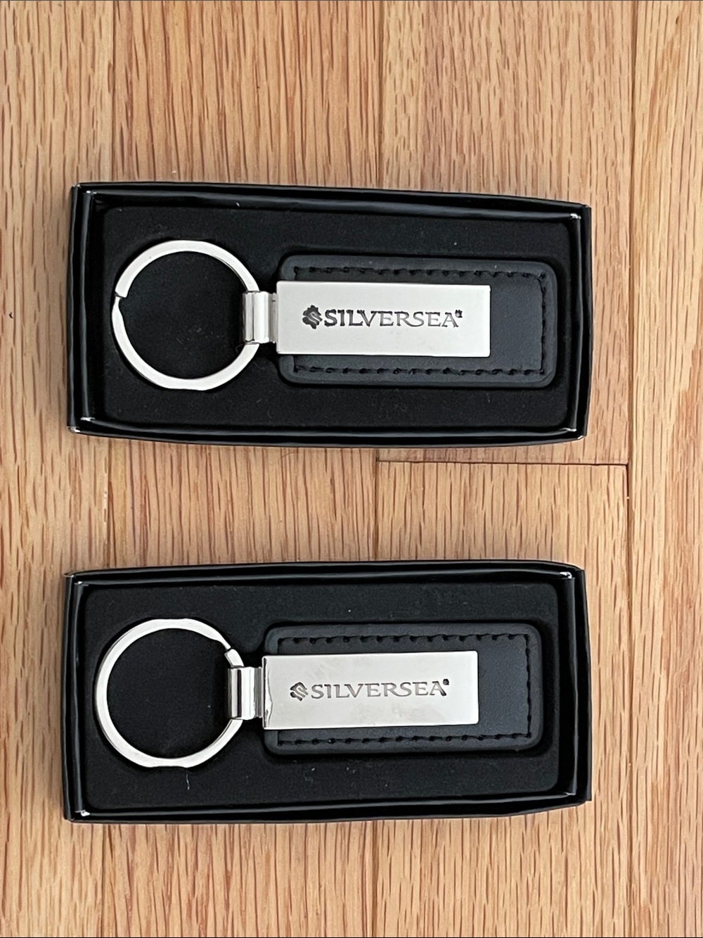 Silversea NEW Boxed Black Leather Keychains with Silver Metal Plate - Pair
